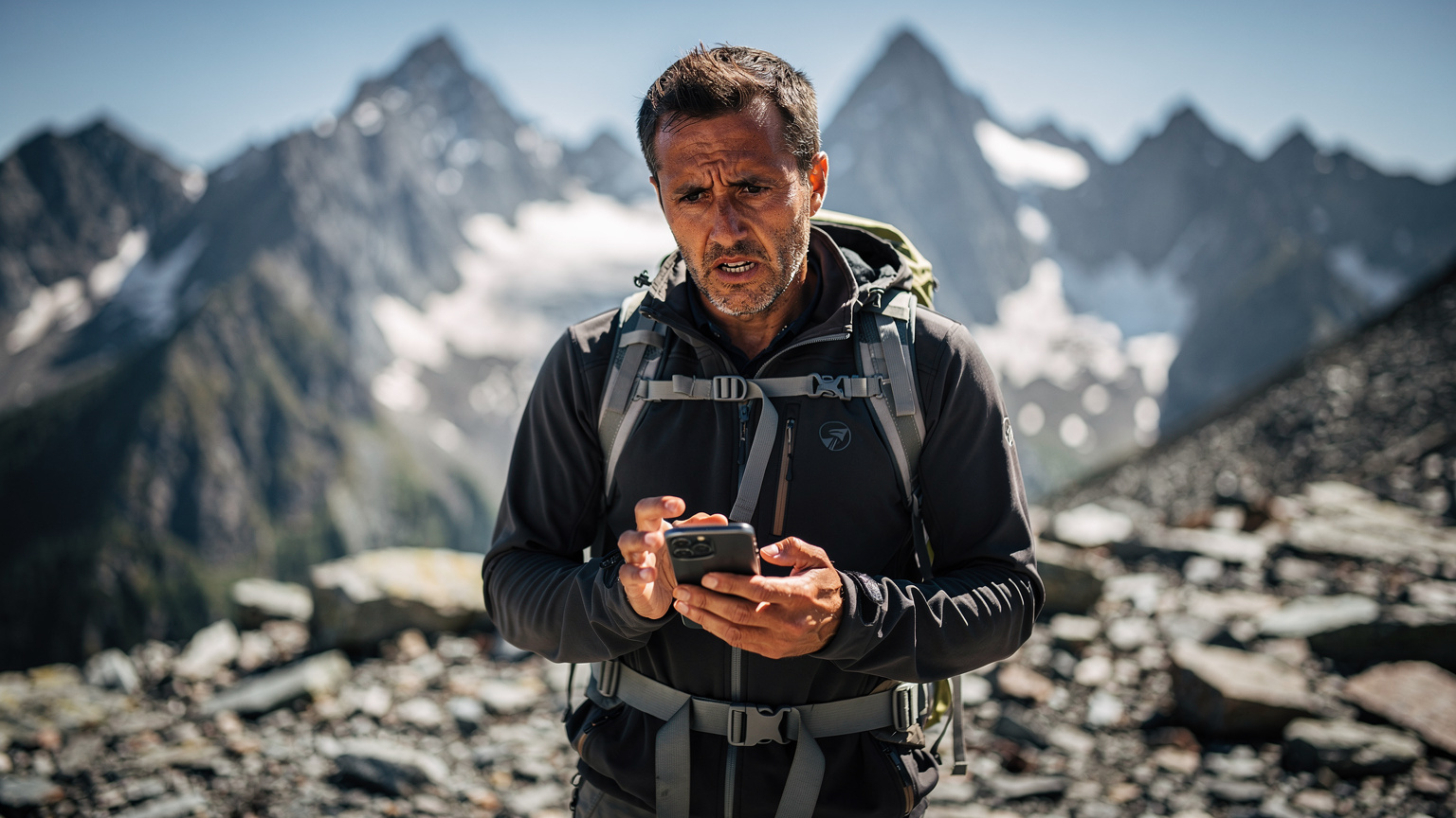 Ein Wanderer inmitten der Schweizer Alpen blickt besorgt auf sein Smartphone, das "Kein Netz" anzeigt, während er versucht, einen Notruf abzusetzen.