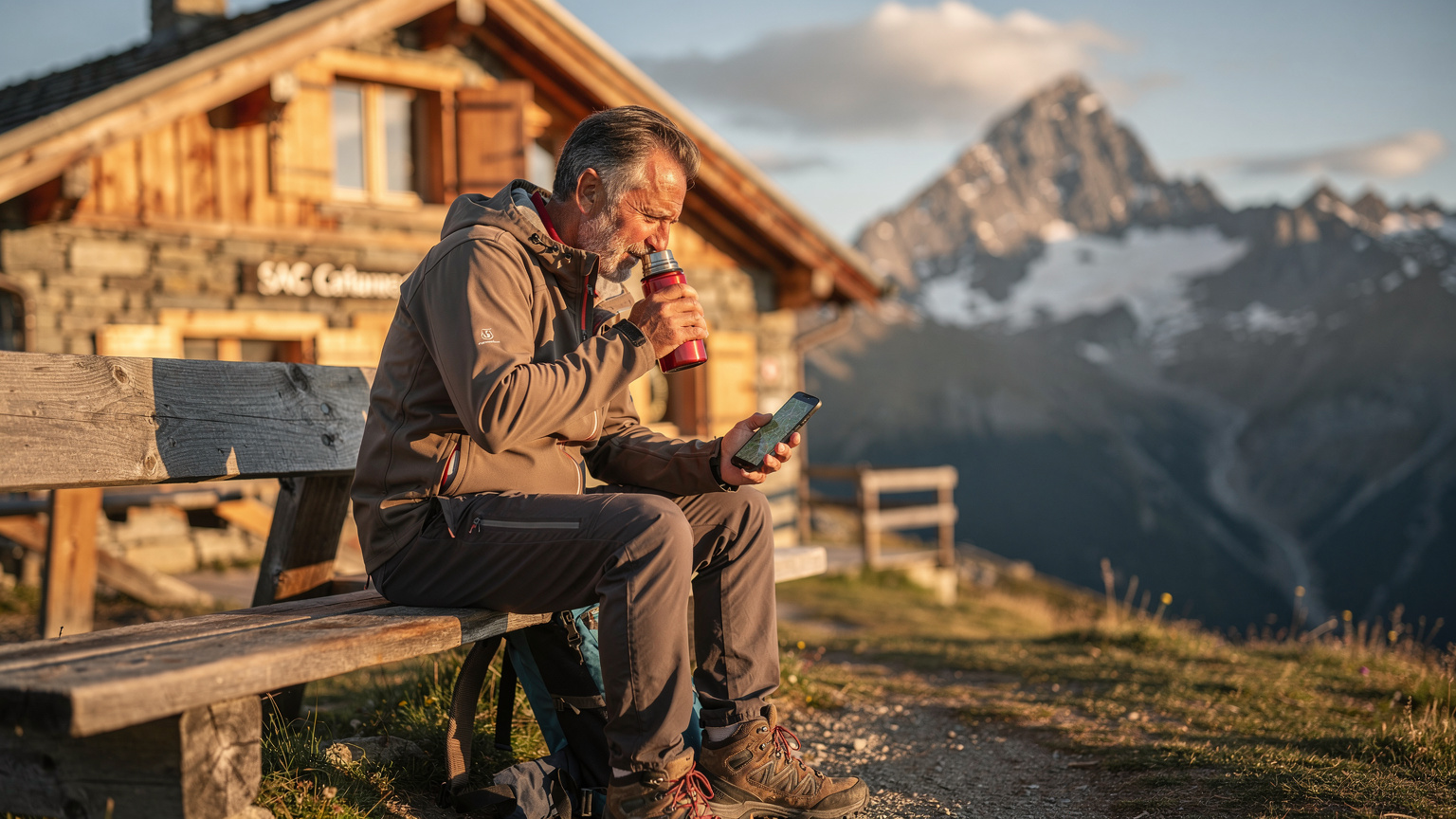 Ein Wanderer sitzt auf einer rustikalen Holzbank vor einer Schweizer Berghütte und trinkt aus einer Thermoskanne, während er auf seinem Smartphone eine Wanderkarte überprüft.
