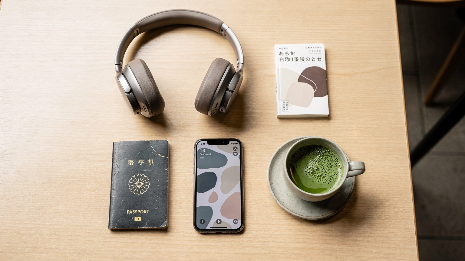 An overhead view of essential travel items: a passport, noise-canceling headphones, a Japanese phrasebook, a smartphone displaying a map application, and a cup of matcha tea on a light wooden table.