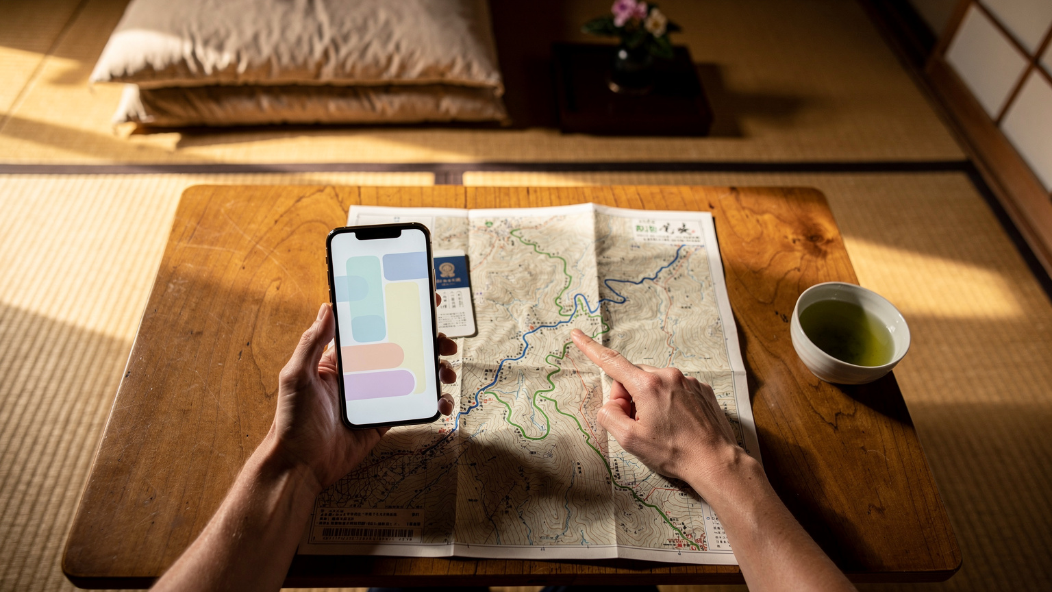 A traveler sits at a wooden table in a traditional Japanese inn, reviewing their smartphone with eSIM activation details, next to a passport and a folded map of the Japanese Alps.