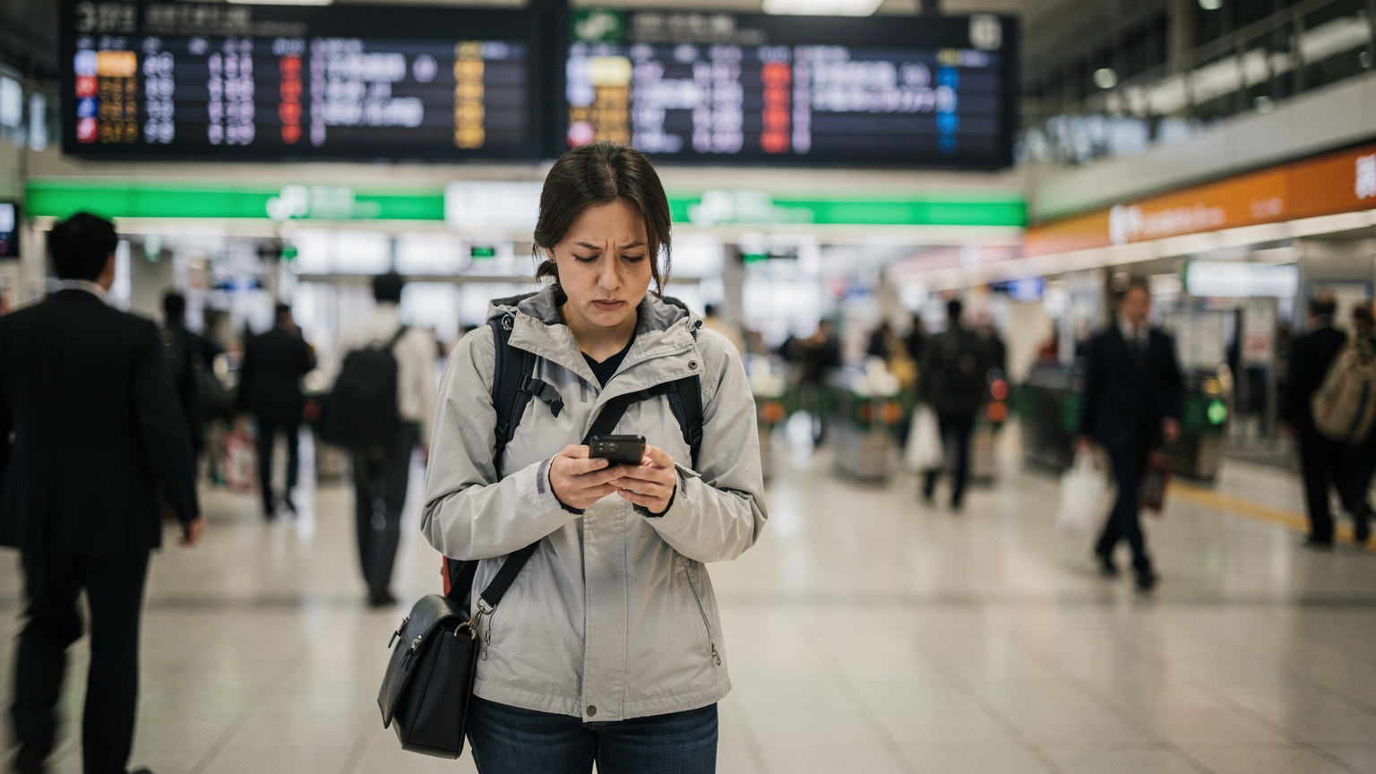 A woman with a concerned expression looks at her smartphone screen while standing in a busy Japanese train station, likely checking for a signal or connection issue amidst crowds and train signs.