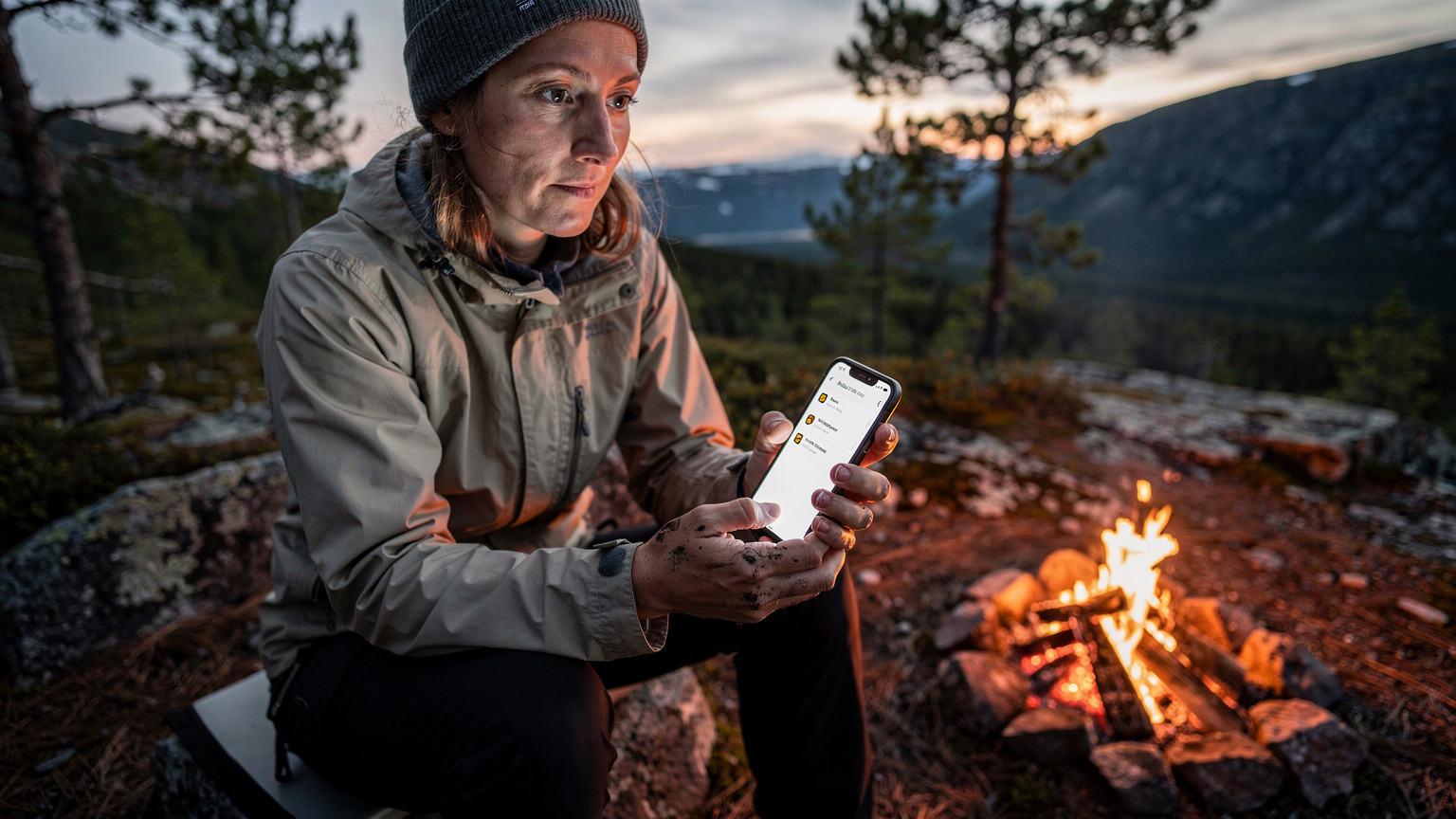 En erfaren vandrer tjekker sin smartphone, der viser et eSIM-installationsskærmbillede, mens hun sidder ved et lejrbål i de norske fjelde. Hendes hænder er let beskidte, og hendes ansigt er koncentreret.
