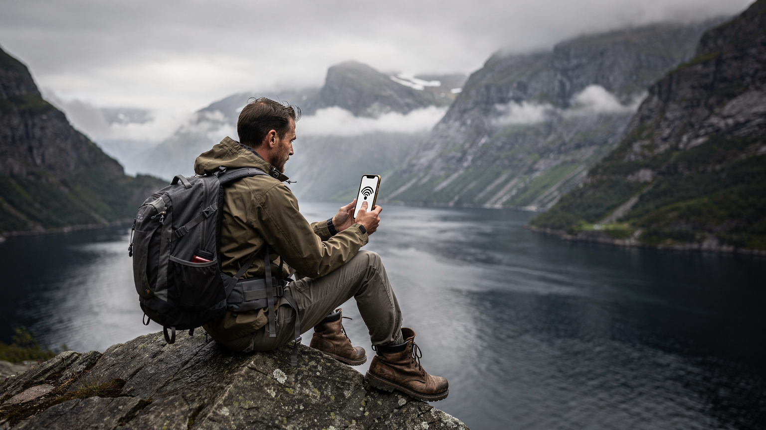 En backpacker sidder på en klippe og spejder ud over et dybt, tåget fjeldlandskab i Norge, med sin smartphone i hånden, der viser et ingen-signal-ikon, hvilket illustrerer udfordringen med dækning i øde områder.