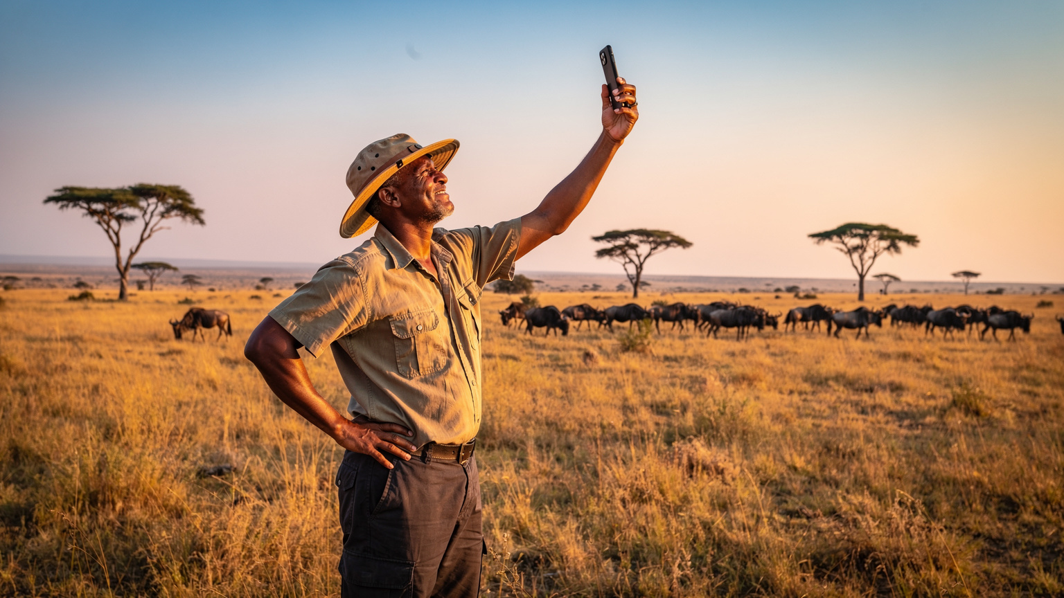 Un guide de safari tanzanien utilise son smartphone pour communiquer, debout dans les vastes plaines du Serengeti au lever du soleil, avec des zèbres en arrière-plan, symbolisant la difficulté de la couverture en milieu sauvage.