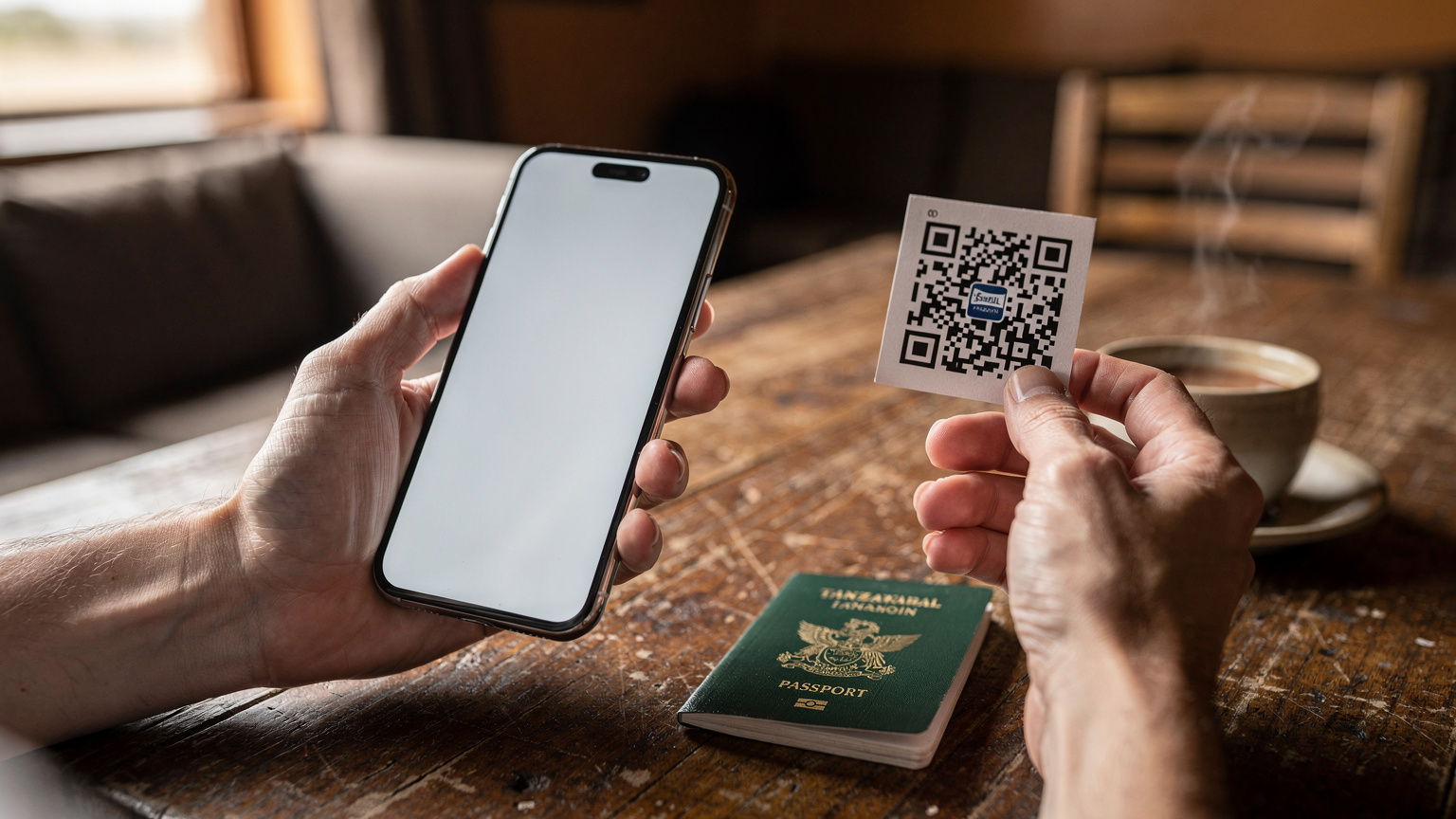 Gros plan sur des mains tenant un smartphone affichant les réglages de l'eSIM, avec un QR code d'activation scanné, illustrant le processus d'installation d'une eSIM. Un passeport tanzanien est posé à côté sur une table en bois.