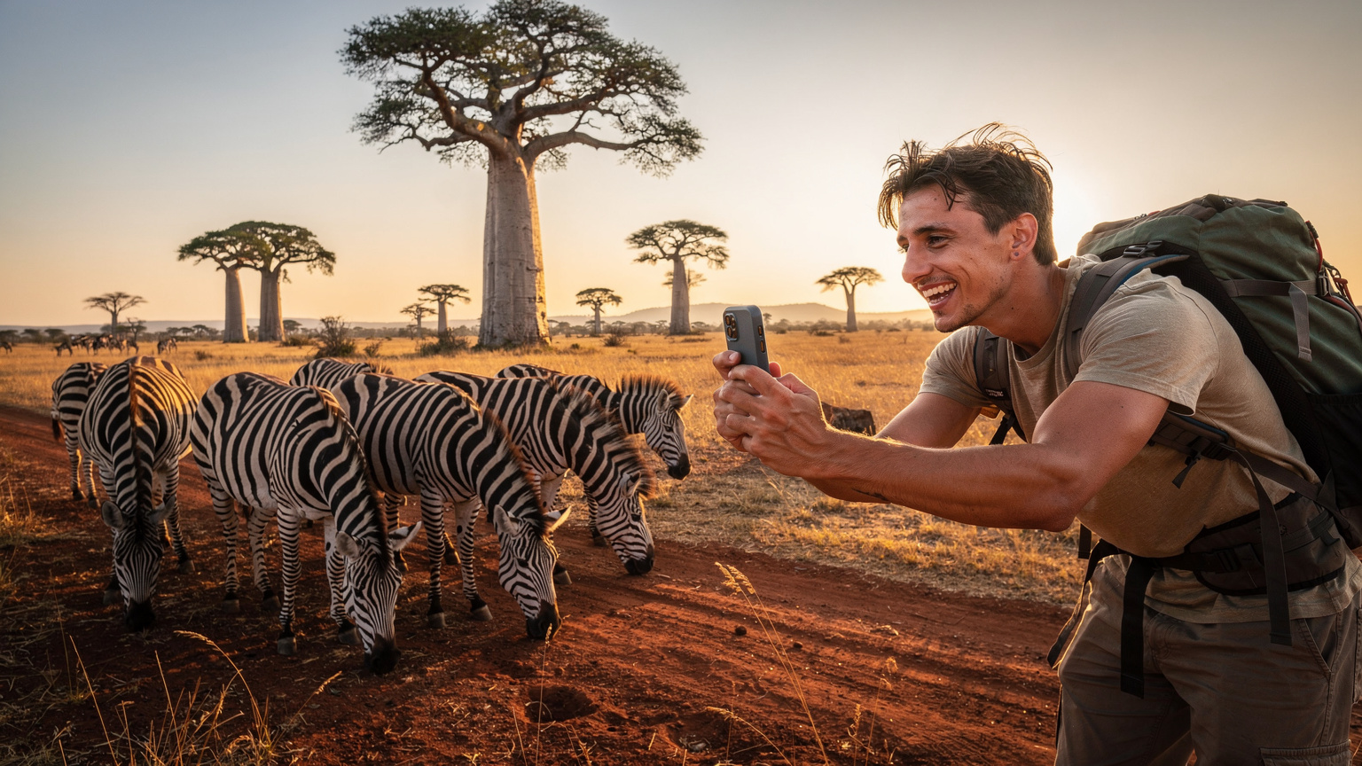 Un jeune voyageur souriant filme un groupe de zèbres dans le parc national de Tarangire avec son smartphone, montrant l'enthousiasme à partager les moments de safari via une connexion fiable.