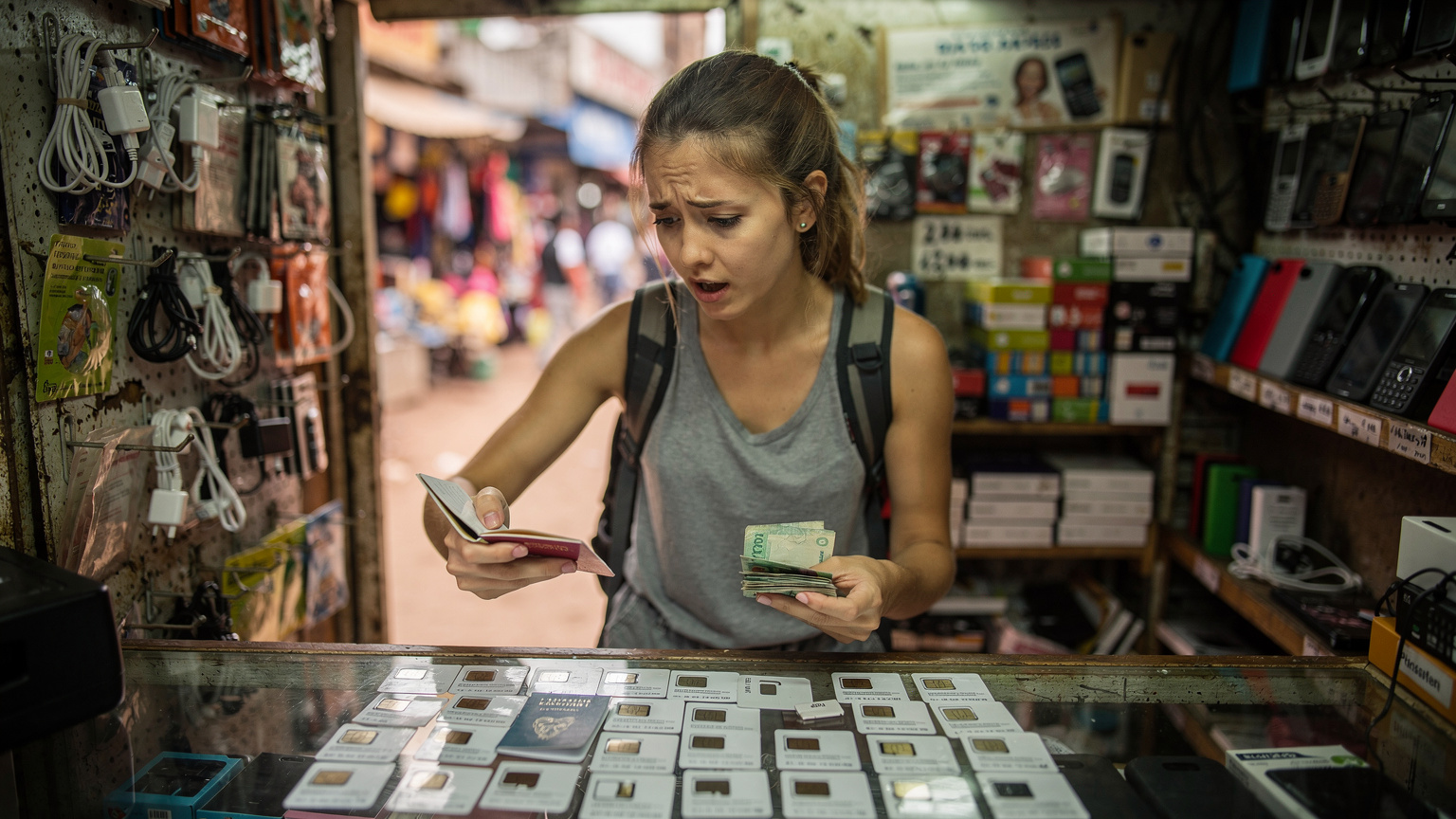 Une femme voyageuse à Dar es Salaam regarde les offres de cartes SIM locales dans une petite boutique de quartier, son passeport et des shillings tanzaniens à la main, l'air pensif face à la complexité des options.