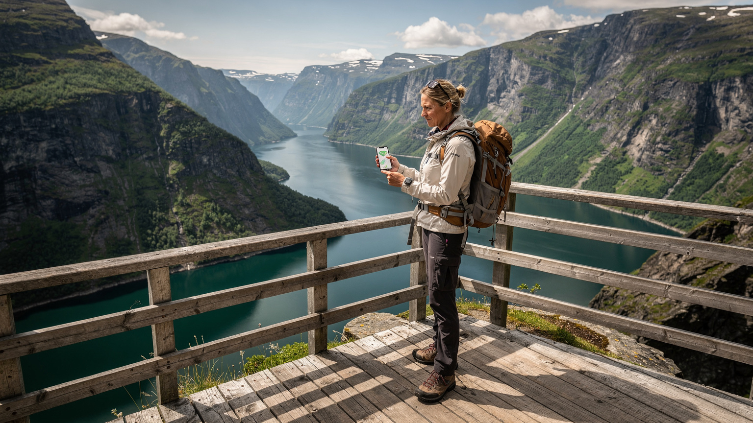 En erfaren turgåer sjekker en kart-app på smarttelefonen sin på en utsiktsplattform over en norsk fjord.