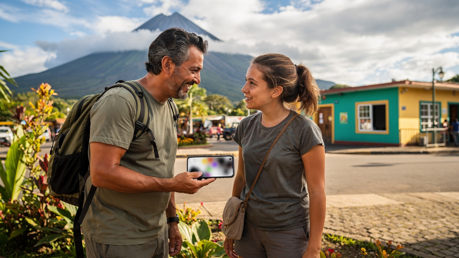 Un guide local costaricain sourit et discute avec un touriste, son smartphone dans la main, montrant une application de messagerie, peut-être pour coordonner un rendez-vous à La Fortuna, avec le volcan Arenal en arrière-plan.