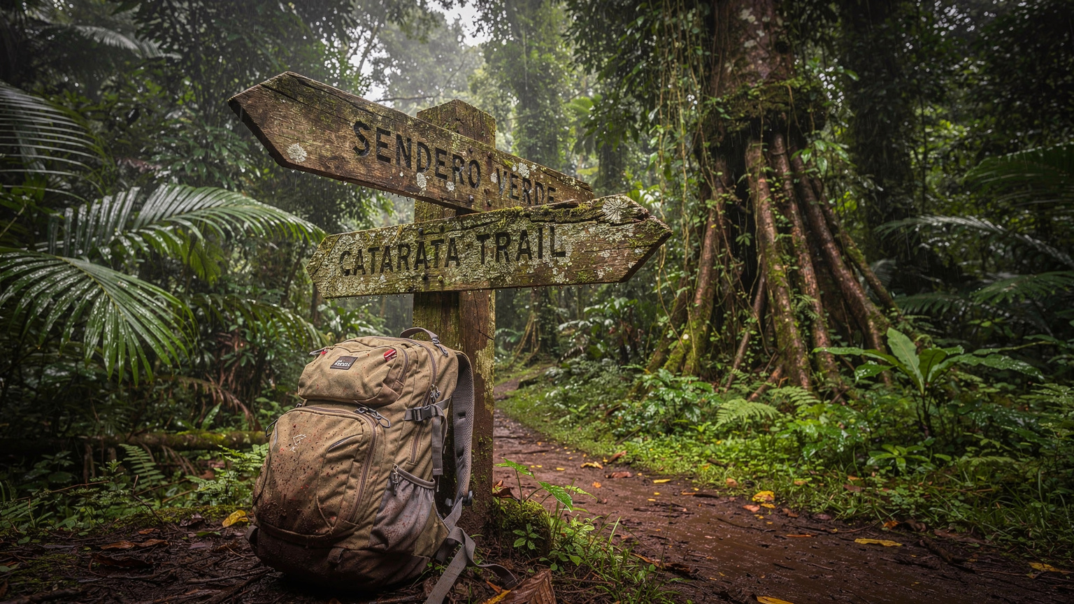 Un panneau de signalisation en bois fait à la main, indiquant les directions vers des sentiers de randonnée dans une forêt tropicale costaricaine, avec des feuilles de palmier luxuriantes et un ciel nuageux en arrière-plan, et un sac à dos de randonnée posé à sa base.