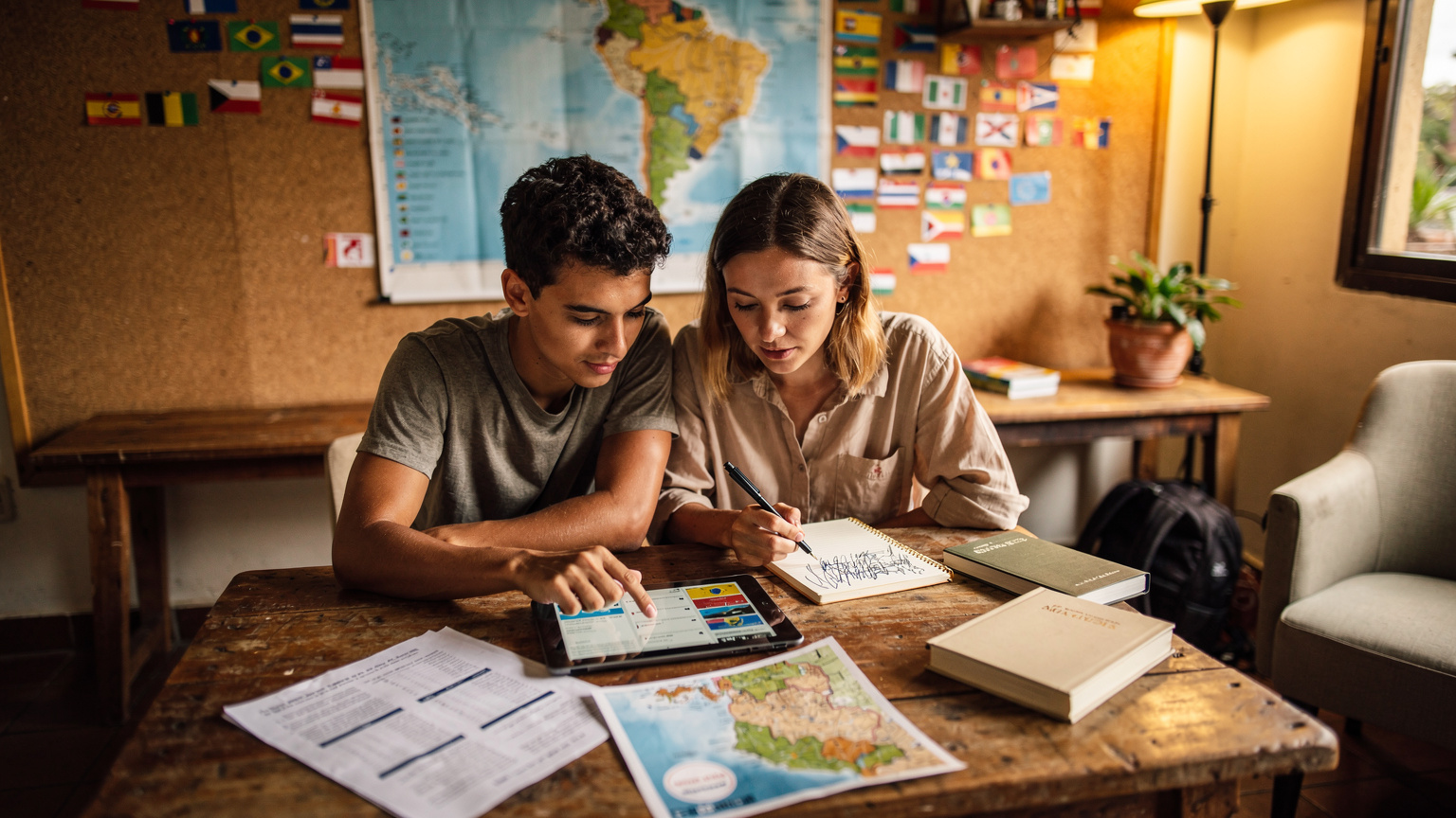 Un jeune couple de voyageurs examine un plan de voyage multi-pays sur une tablette, avec des drapeaux d'Amérique Centrale épinglés sur une carte physique en arrière-plan, suggérant une planification minutieuse de leur aventure.