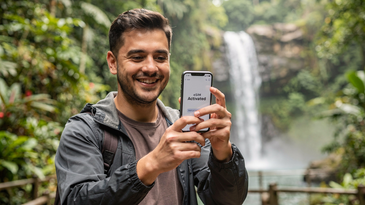 Un voyageur souriant tient son smartphone affichant un écran de confirmation d'activation eSIM, avec en arrière-plan flou, la verdure luxuriante et une cascade des jardins de la Paz Waterfall.