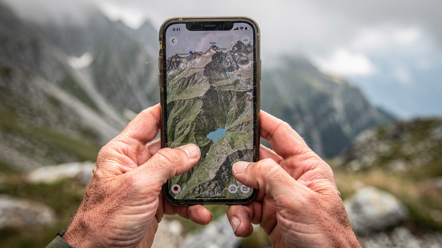Nahaufnahme von Händen, die ein Smartphone halten, mit einer Karte der Kaçkar-Berge und einer schwachen Signalstärkeanzeige.