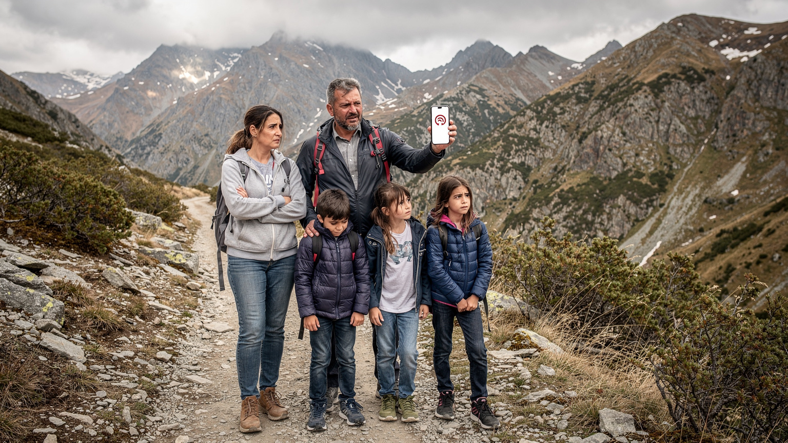 Eine verärgerte Familie mit einem Smartphone, das kein Signal anzeigt, in einer abgelegenen Berglandschaft.