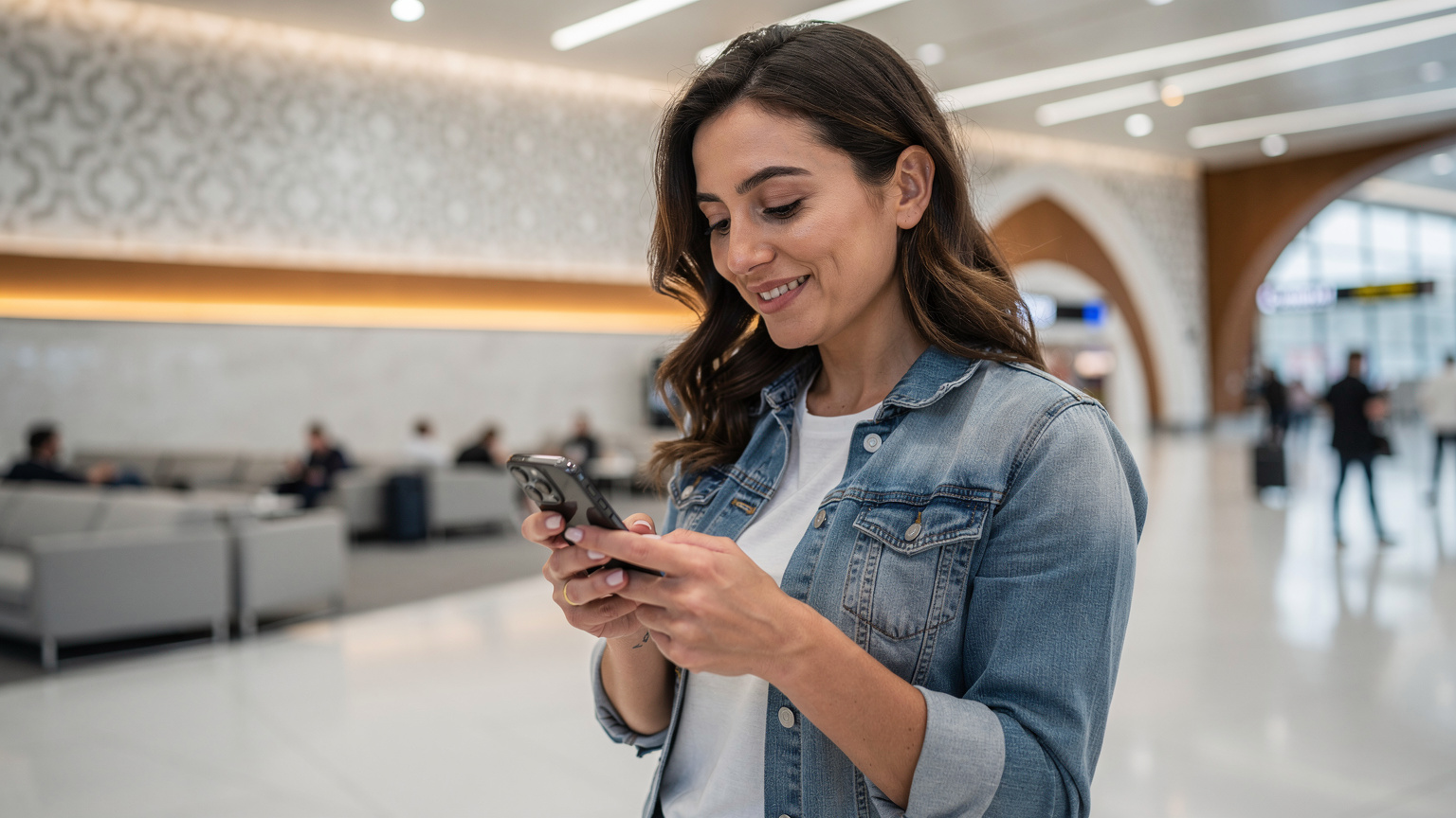 Ein Reisender am Flughafen Istanbul, der entspannt sein Smartphone hält und eine eSIM aktiviert.