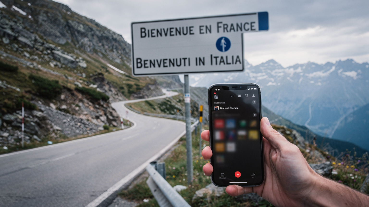 Une pancarte de bienvenue bilingue Français/Italien à un poste frontière des Alpes, avec un smartphone affichant un écran de sélection de réseau mobile, signalant une difficulté de connexion transfrontalière.