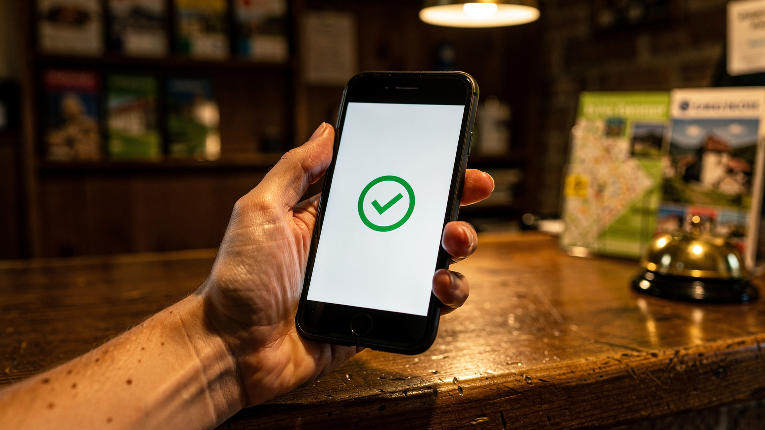 Une main tenant un smartphone, l'écran affichant une notification de confirmation d'activation d'eSIM, avec un arrière-plan flou d'un comptoir en bois et de quelques dépliants touristiques dans une auberge de jeunesse.