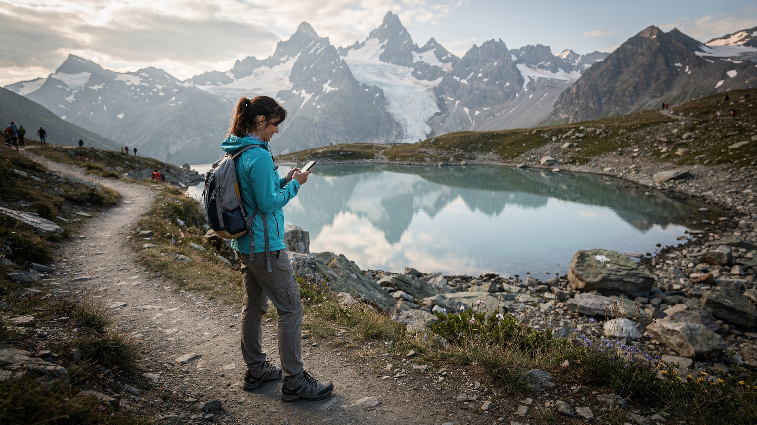 Une randonneuse utilise son smartphone sur un sentier de montagne, profitant d'une vue panoramique sur un lac alpin et des sommets enneigés, symbolisant une connexion sans faille en pleine nature.