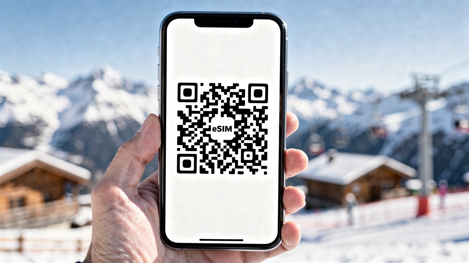 Un écran de smartphone affichant un QR code d'activation d'eSIM, avec des montagnes alpines floues en arrière-plan, symbolisant la facilité de connexion même dans des environnements reculés.
