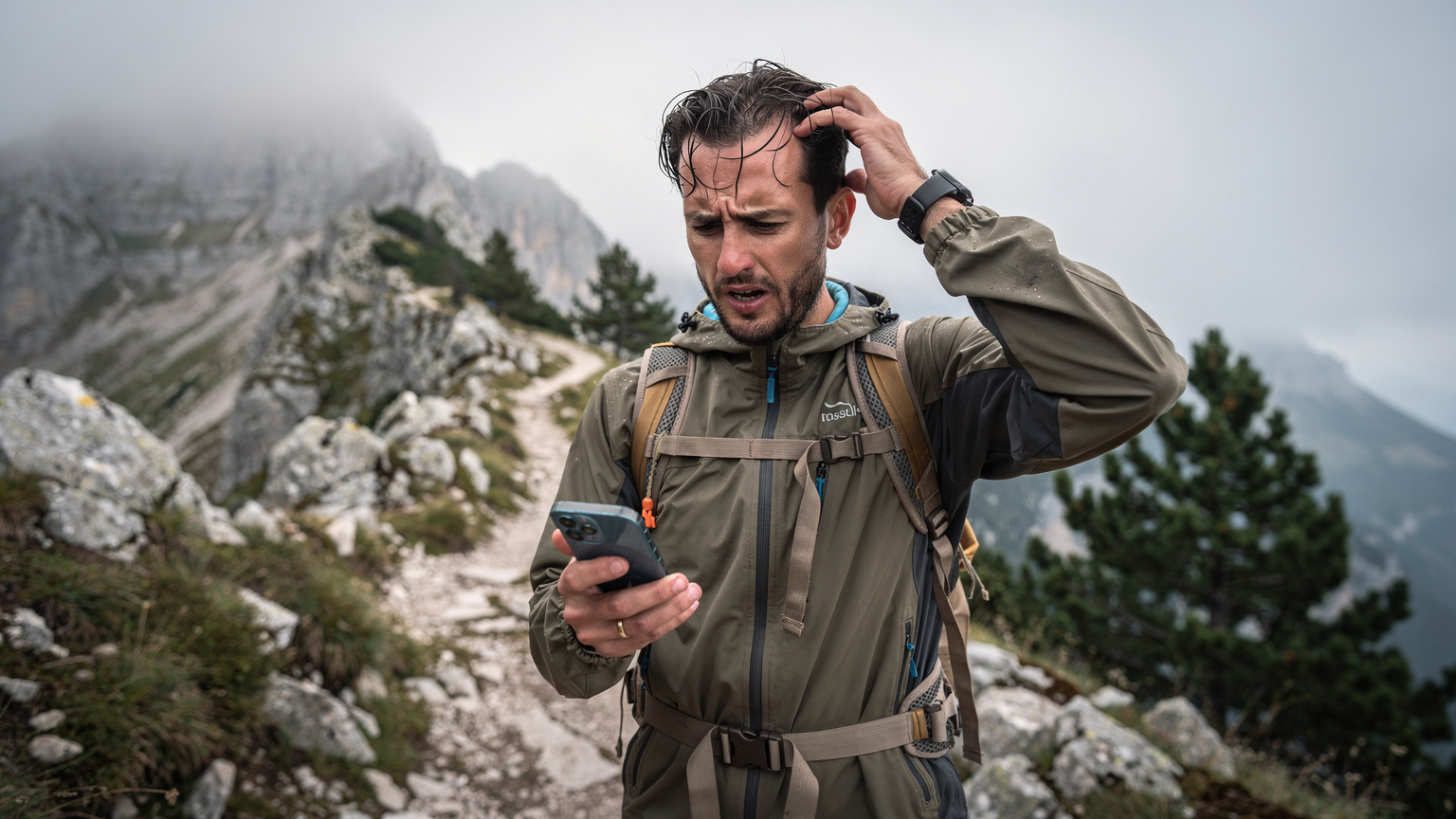 Un randonneur regardant son téléphone avec un air d'inquiétude, la main passée dans les cheveux, dans un paysage montagneux brumeux, évoquant un problème de connectivité ou de navigation en pleine nature.