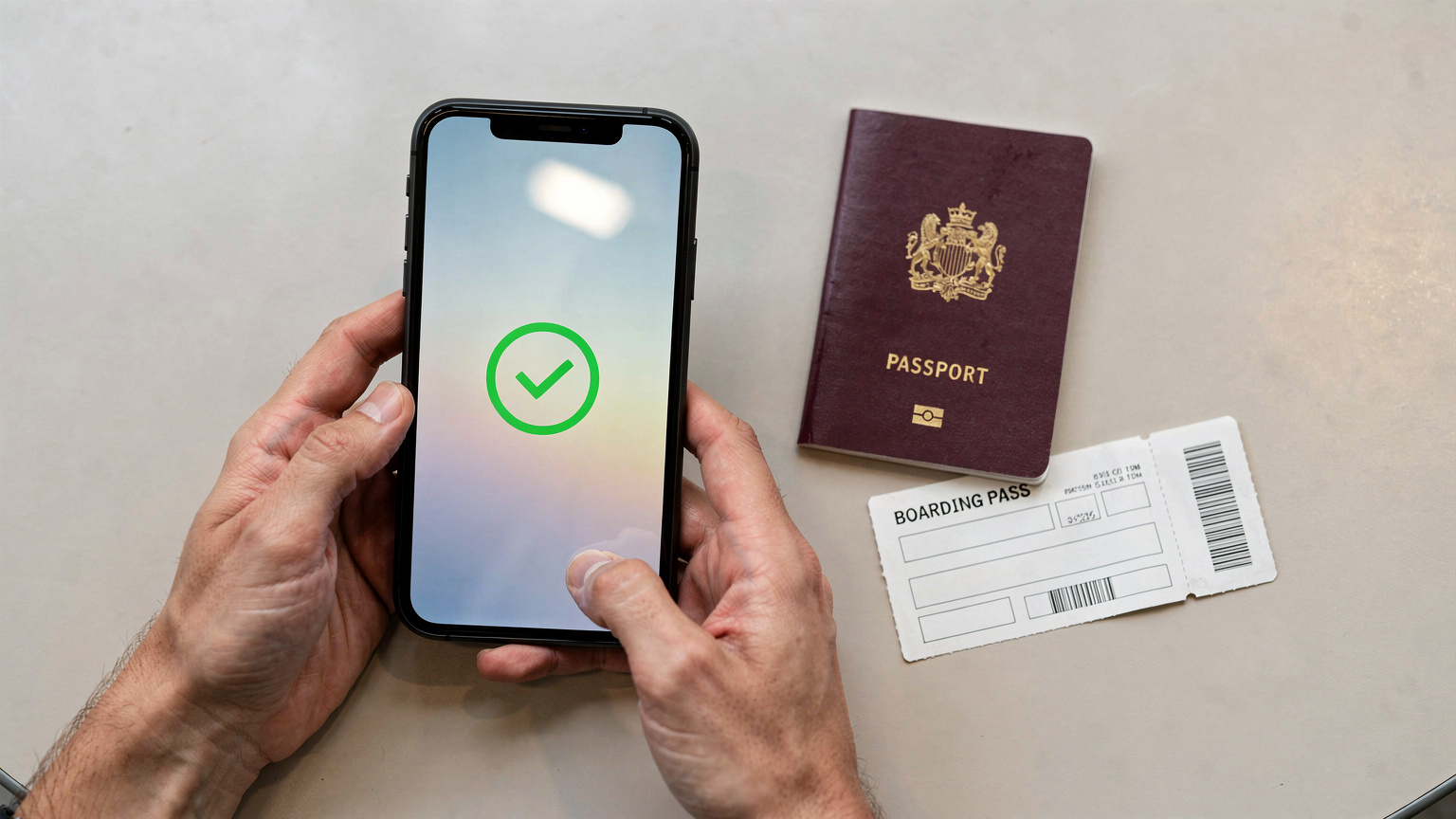 Des mains tenant un smartphone affichant un écran de confirmation d'activation d'eSIM, avec un passeport et une carte d'embarquement posés sur une table d'aéroport, symbolisant une préparation de voyage sans tracas.
