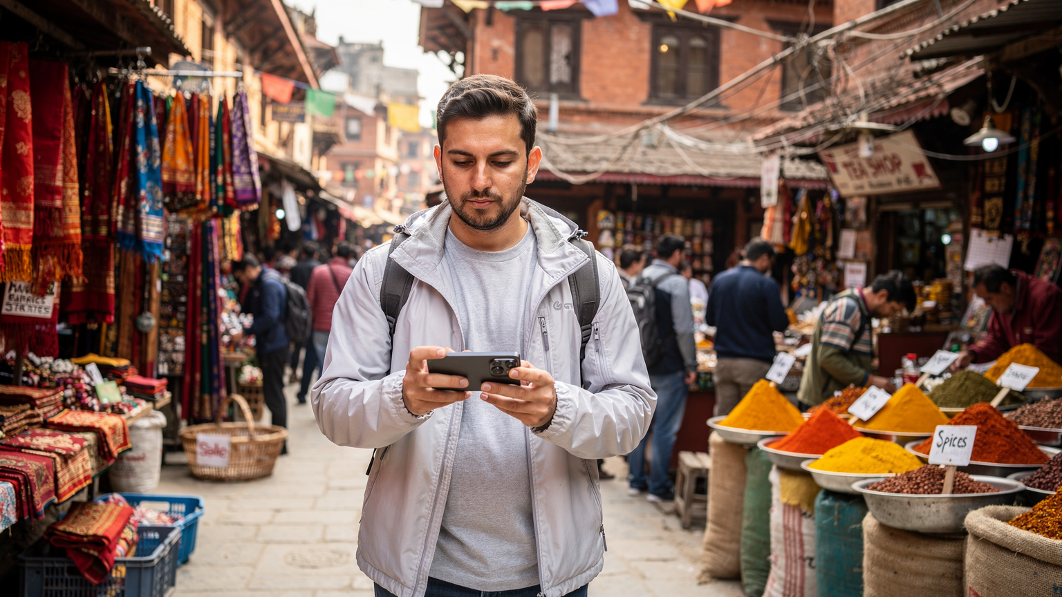 A traveler navigating a bustling street market in Kathmandu, holding a Pixel 9 phone and looking at a map app, surrounded by colorful stalls and local vendors.