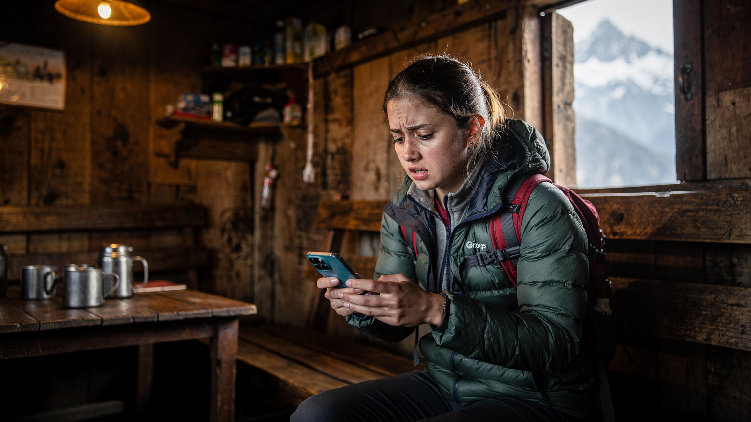 A trekker looking concerned at their Pixel 9 screen inside a rustic teahouse, with a faint view of a snow-capped mountain through a window, implying a connectivity problem.