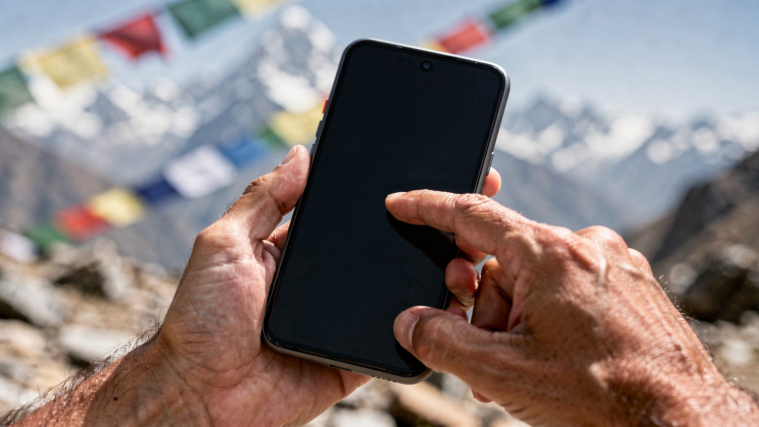 A close-up of human hands interacting with a Pixel 9 screen, against a blurred background of Himalayan prayer flags and distant mountains.