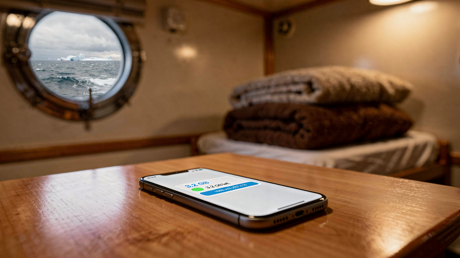 Un écran de smartphone affichant les détails d'un forfait eSIM pour l'Antarctique, avec les données restantes et la période de validité, dans une cabine de navire.