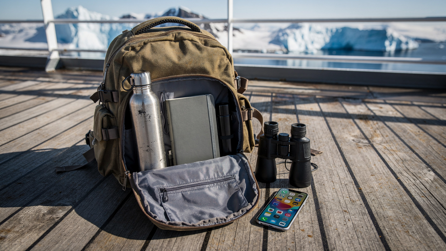 Un sac à dos de voyageur ouvert sur le pont d'un navire, révélant une gourde, un carnet de notes, des jumelles, et un smartphone avec un écran affichant les applications de voyage.