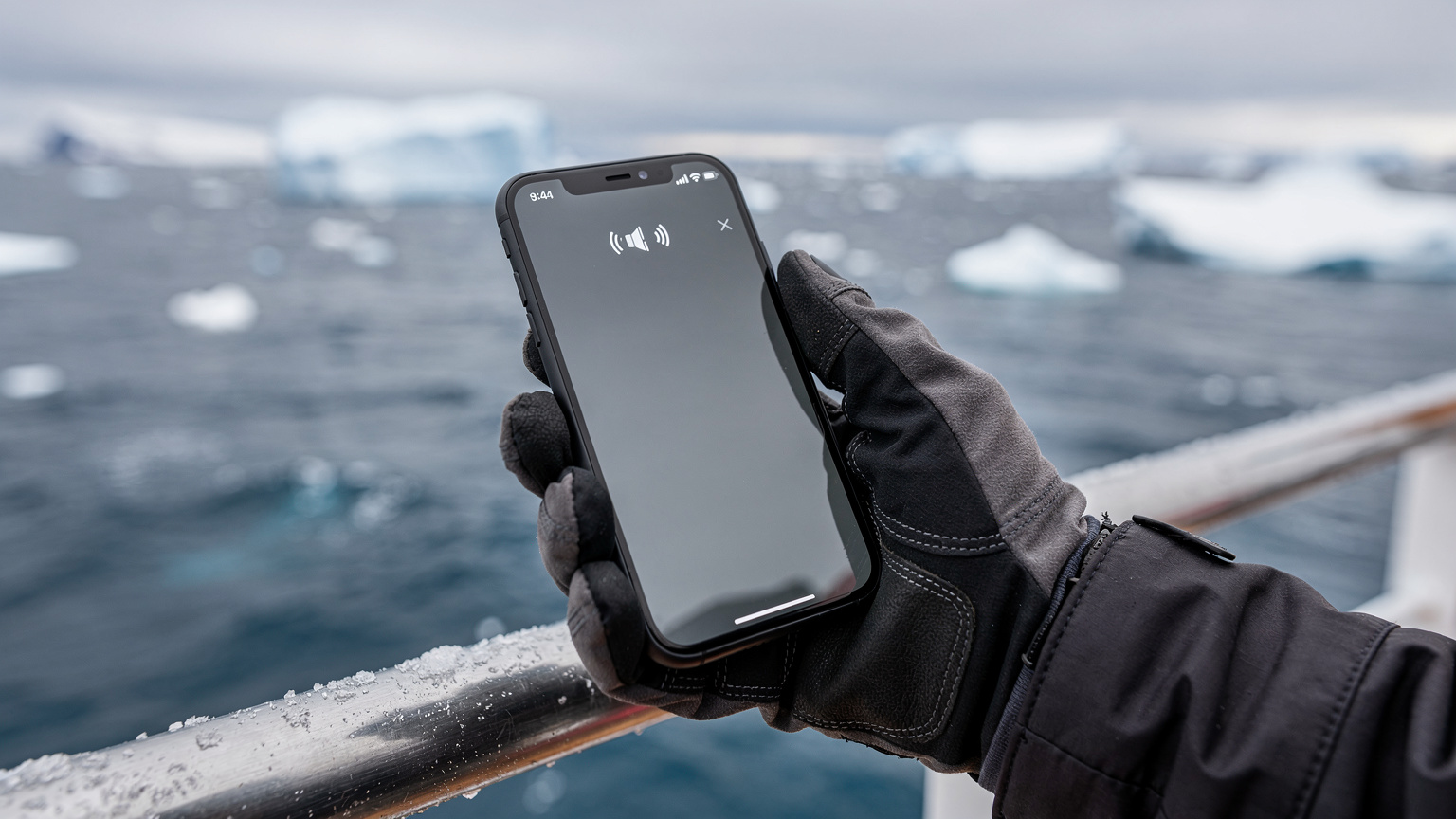 Un smartphone affichant des barres de signal faibles mais présentes, tenu par une main gantée sur le pont d'un navire d'expédition en Antarctique.