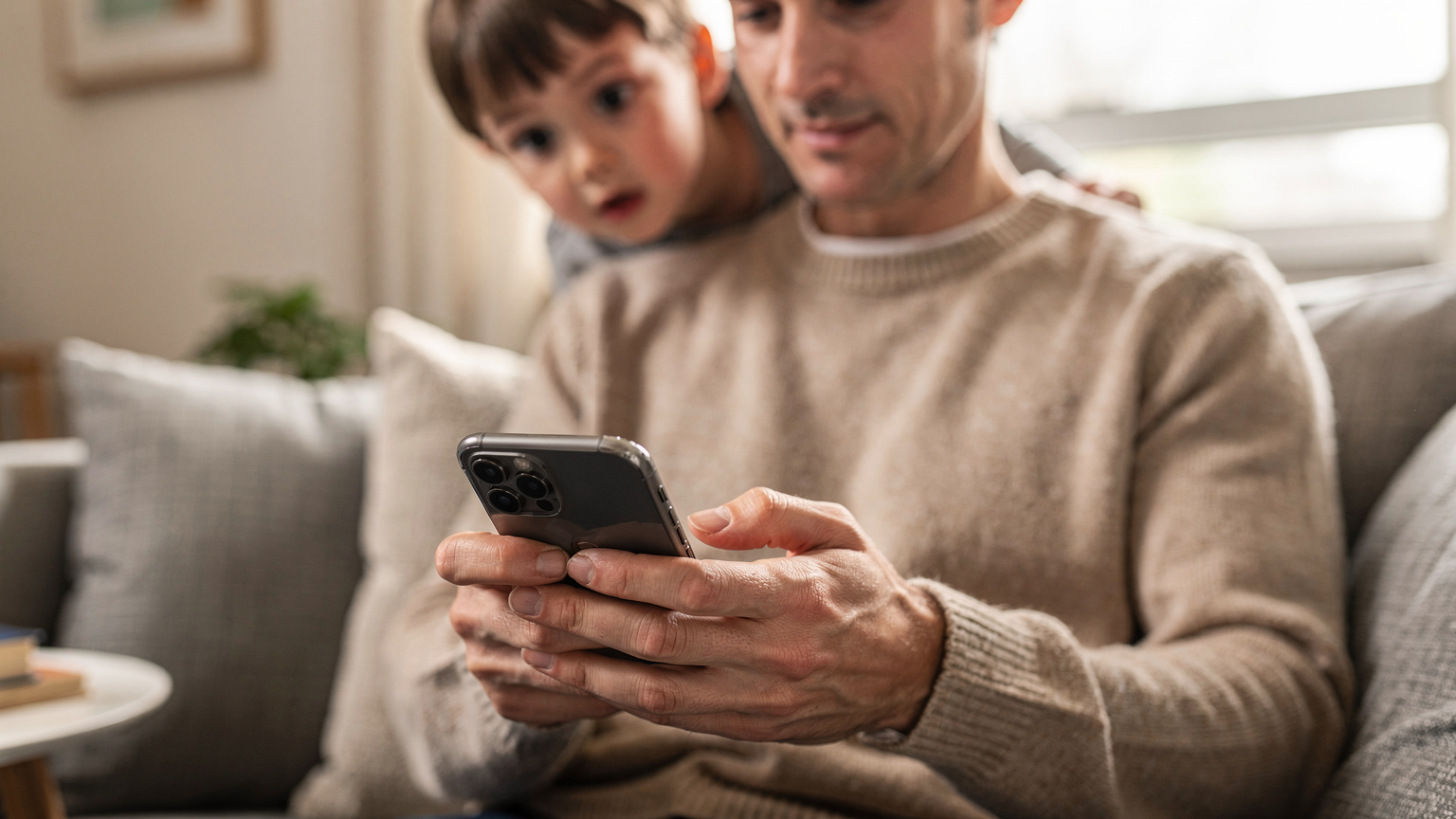 Un genitore configura un Holify eSIM sul proprio smartphone, mentre un bambino curioso osserva da dietro, in un ambiente domestico ben illuminato.
