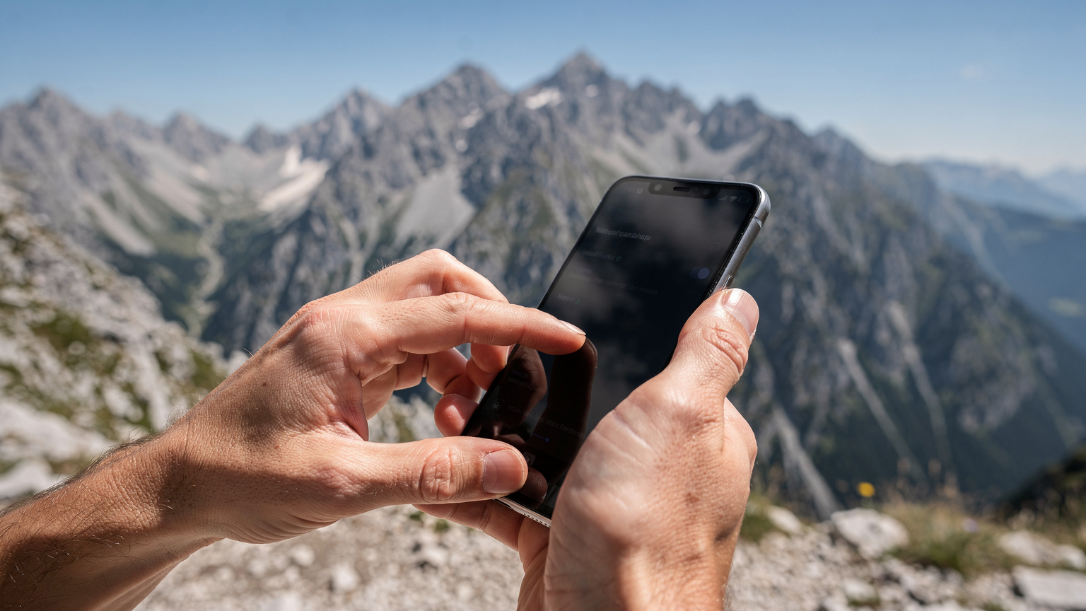 Le mani di un genitore controllano le impostazioni di connessione su uno smartphone, mentre in sottofondo si intravedono le cime maestose delle Alpi Albanesi, suggerendo una località remota.