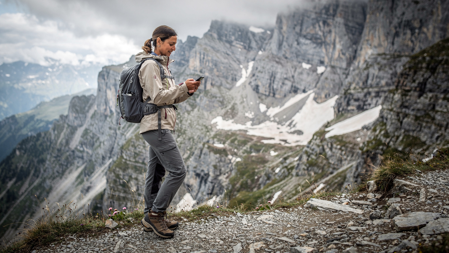Une randonneuse à mi-pente examine son téléphone pour vérifier la météo et la carte, avec un grand sommet rocheux en arrière-plan et un ciel partiellement nuageux.