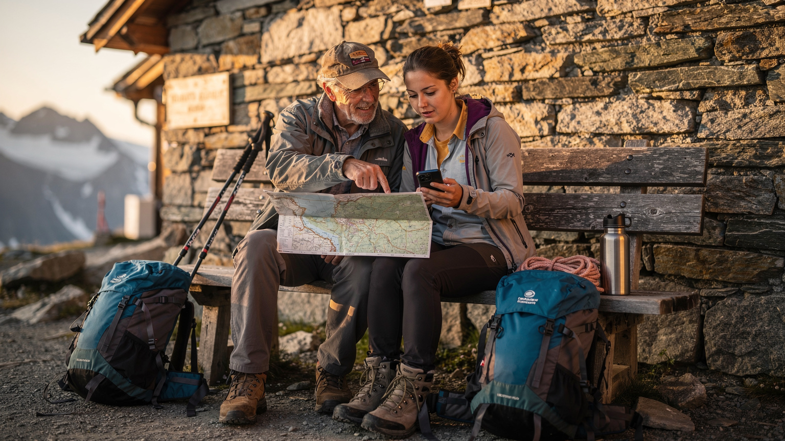 Un homme âgé avec une carte papier dépliée pointe un endroit, tandis qu'une jeune femme à côté de lui vérifie l'information sur un smartphone, tous deux assis sur un banc en bois rustique avec des bâtons de marche et des sacs à dos à côté d'eux.