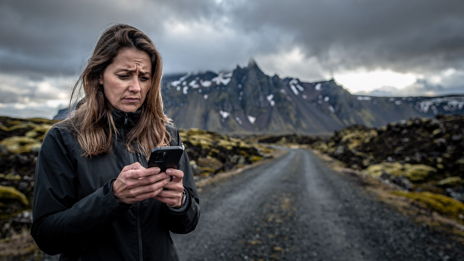 En bekymret kvinne holder en mobiltelefon i hånden, med et islandske fjellandskap i bakgrunnen, og reflekterer over viktigheten av å kunne kontakte nødhjelp.