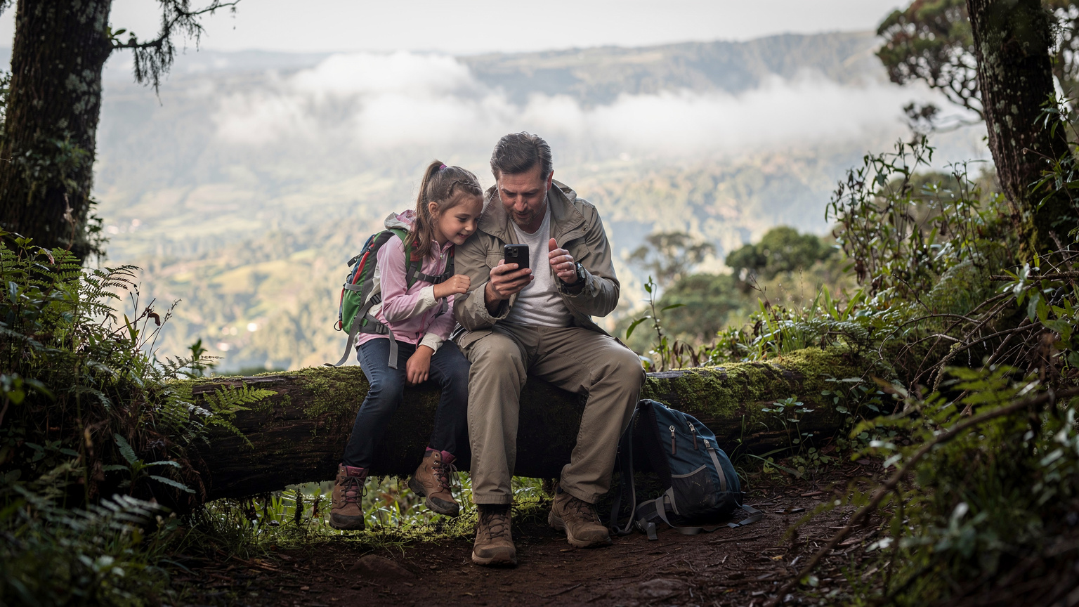 Un padre e la sua bambina controllano insieme il segnale sul telefono mentre sono seduti su un tronco d'albero in un punto panoramico lungo un sentiero del Kilimanjaro, con una vista nebbiosa della valle sottostante.