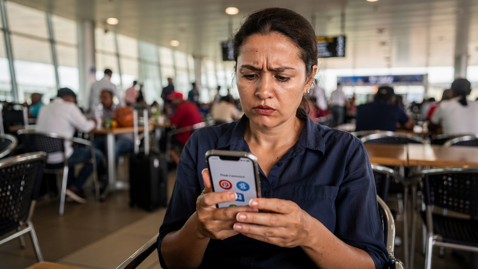 Una donna con un'espressione di lieve frustrazione guarda il suo smartphone, che mostra un messaggio di errore di connessione, mentre è seduta in un affollato caffè dell'aeroporto internazionale Julius Nyerere (DAR) a Dar es Salaam.