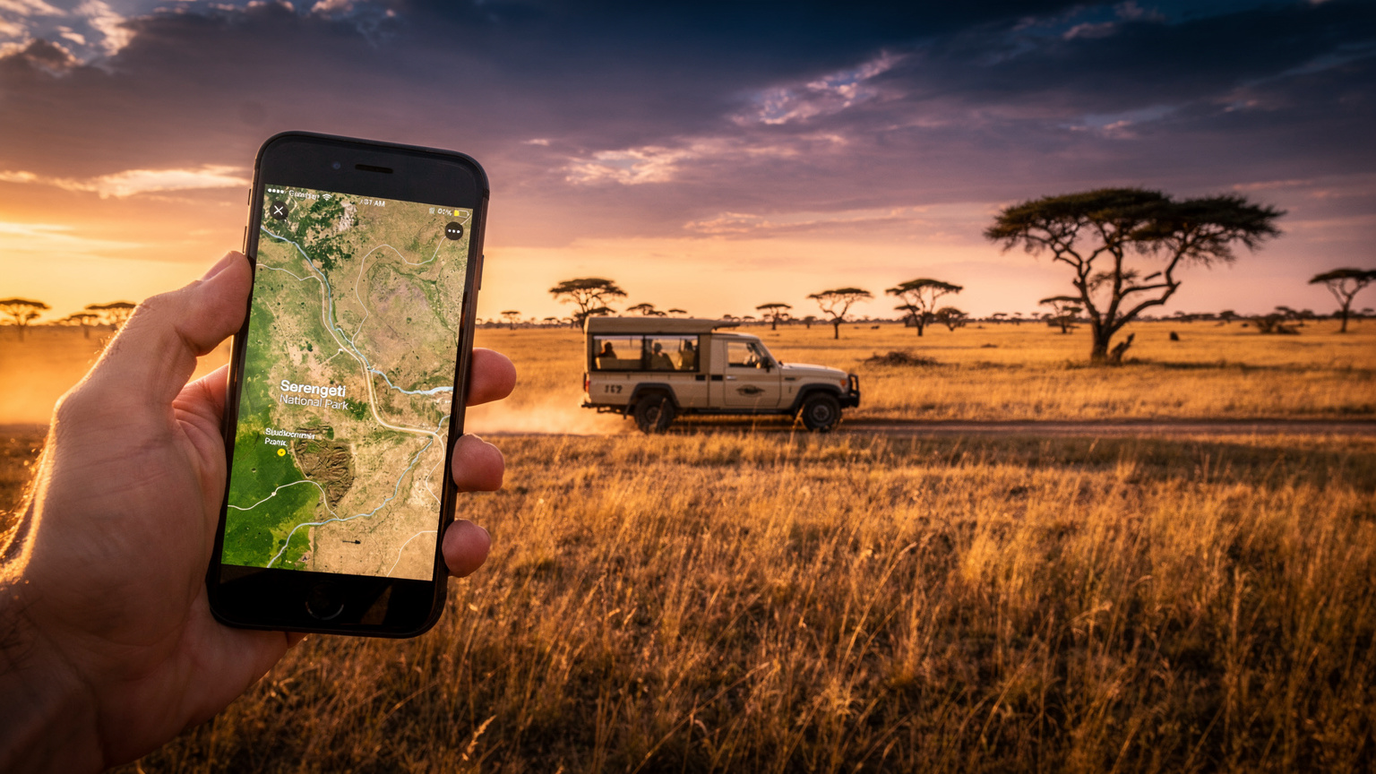 Una mano che tiene uno smartphone con una mappa di safari sullo schermo, mentre sullo sfondo un veicolo da safari attraversa la savana del Serengeti al tramonto.