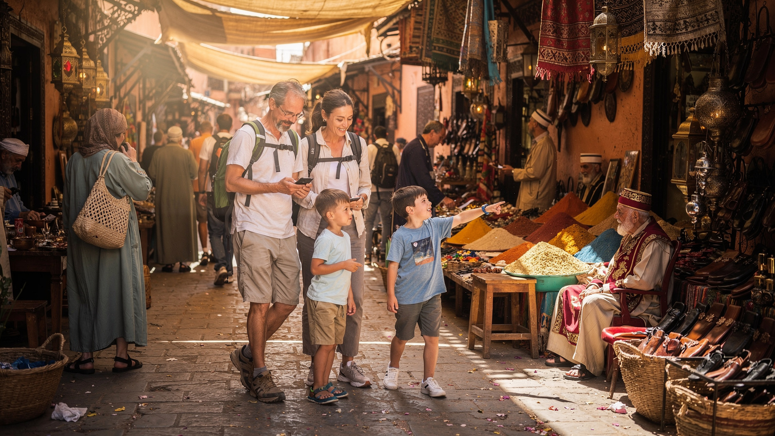 En familj navigerar en livlig marknadsgata i Marrakech, Marocko, med föräldrarna som använder sina telefoner för att kontrollera kartor medan barnen tittar nyfiket på omgivningen.