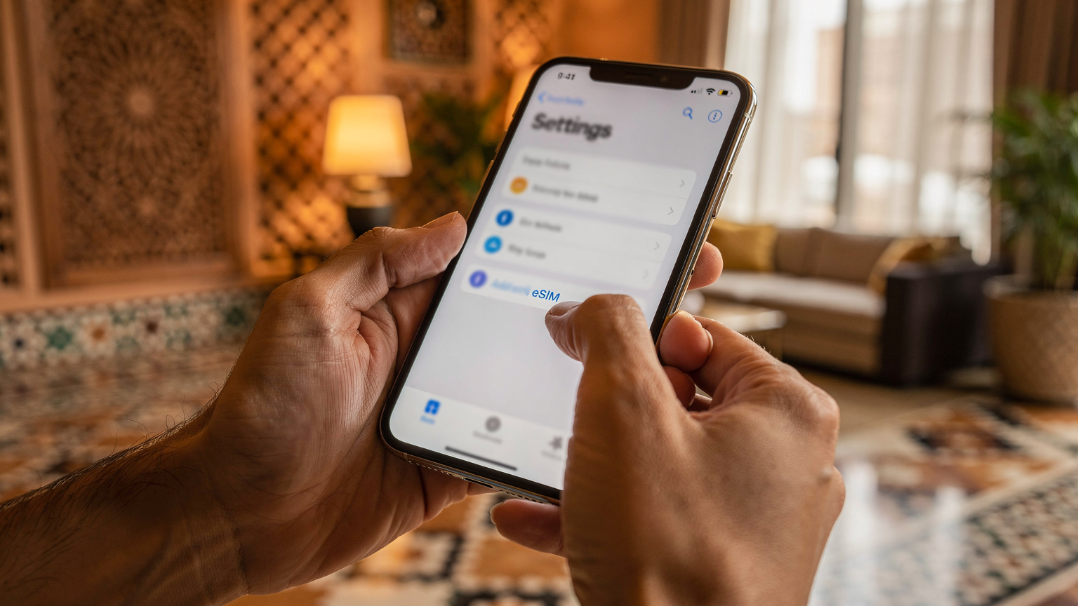 En närbild på en smartphone som visar inställningsmenyn för eSIM, med fingrar som trycker på alternativet att lägga till en ny eSIM, mot en bakgrund av en modern hotellobby i Marrakech.