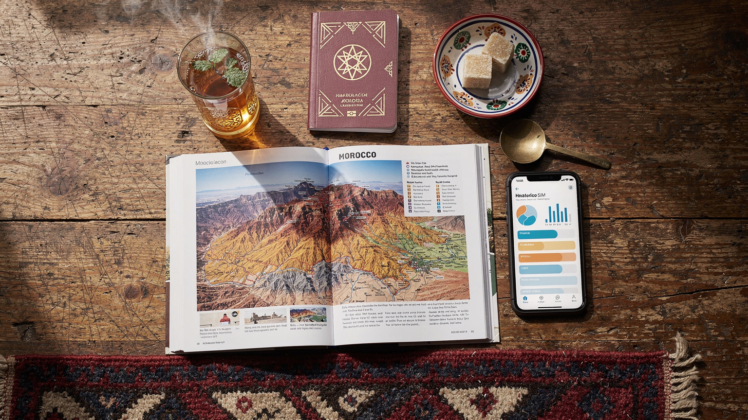 Ett detaljerat flat-lay av en resenärs tillbehör på ett träbord: en öppen reseguidebok för Marocko, en smartphone med en eSIM-leverantörs app öppen, ett pass och en kopp mintte.