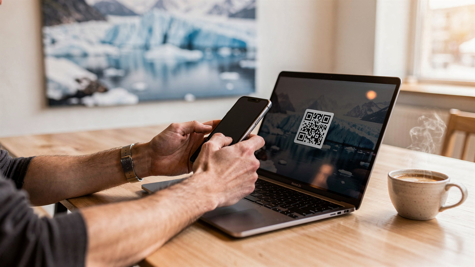 En tæt på-optagelse af en rejsendes hænder, der holder en smartphone og scanner en QR-kode fra en e-mail på en bærbar computer, i et hyggeligt nordisk inspireret café-miljø, der indikerer nem eSIM-aktivering.