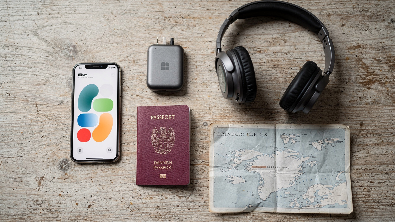 Et editorial flat-lay af en rygsækspakkers essentielle rejseartikler: et pas, en mobiltelefon med en eSIM-app åben, en kompakt powerbank, et par robuste hovedtelefoner og et foldet offline-kort over Grønland, der signalerer klar rejseforberedelse.