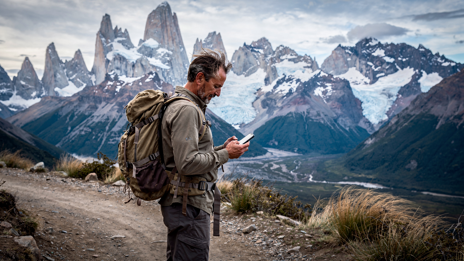 Un viajero consulta un mapa digital en su teléfono, mientras se encuentra en un sendero de trekking con vistas a las montañas de la Patagonia chilena, mostrando la importancia de la conectividad en entornos naturales.