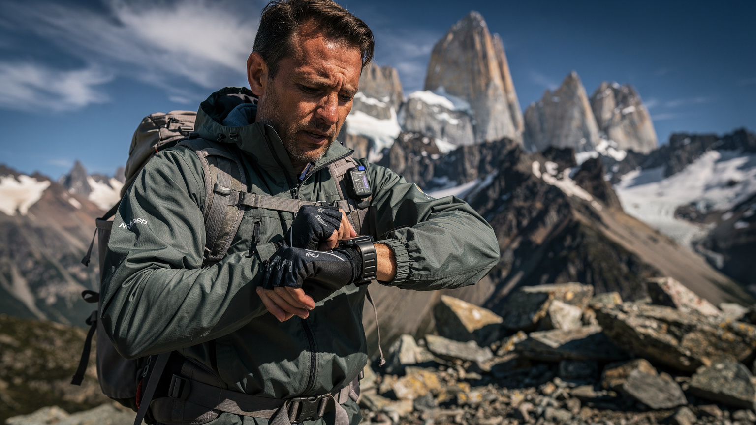 Un excursionista con equipo de montaña, mirando su smartwatch en una zona rocosa y ventosa de la Patagonia, con los picos de las Torres del Paine al fondo, indicando la importancia de la tecnología en la seguridad del viaje.