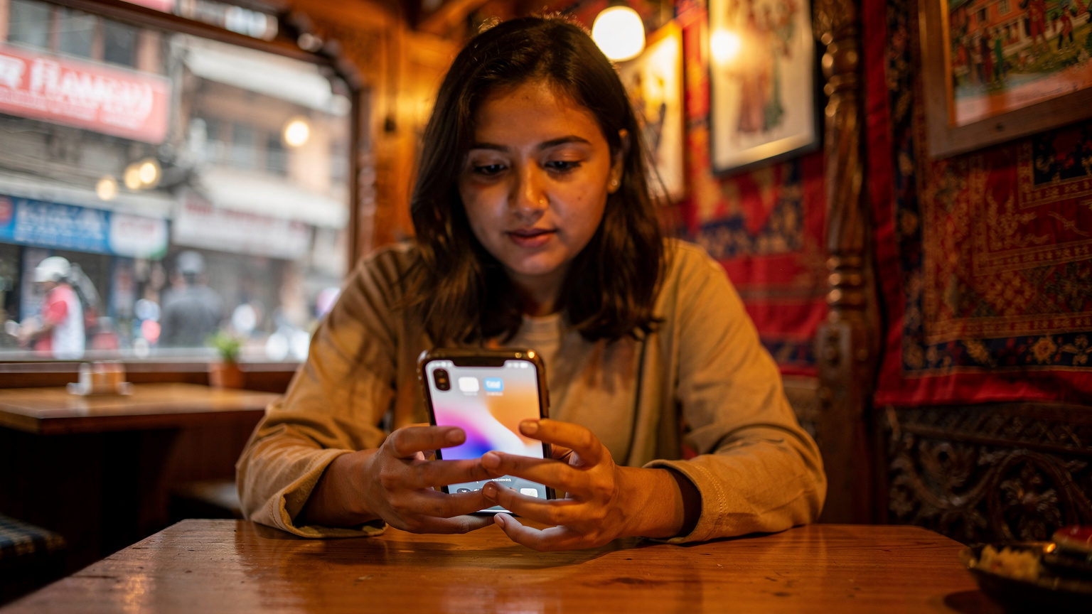 En kvinde med en iPhone i hånden, der viser eSIM-installationsskærmen, sidder på en café i Kathmandus Thamel-distrikt.