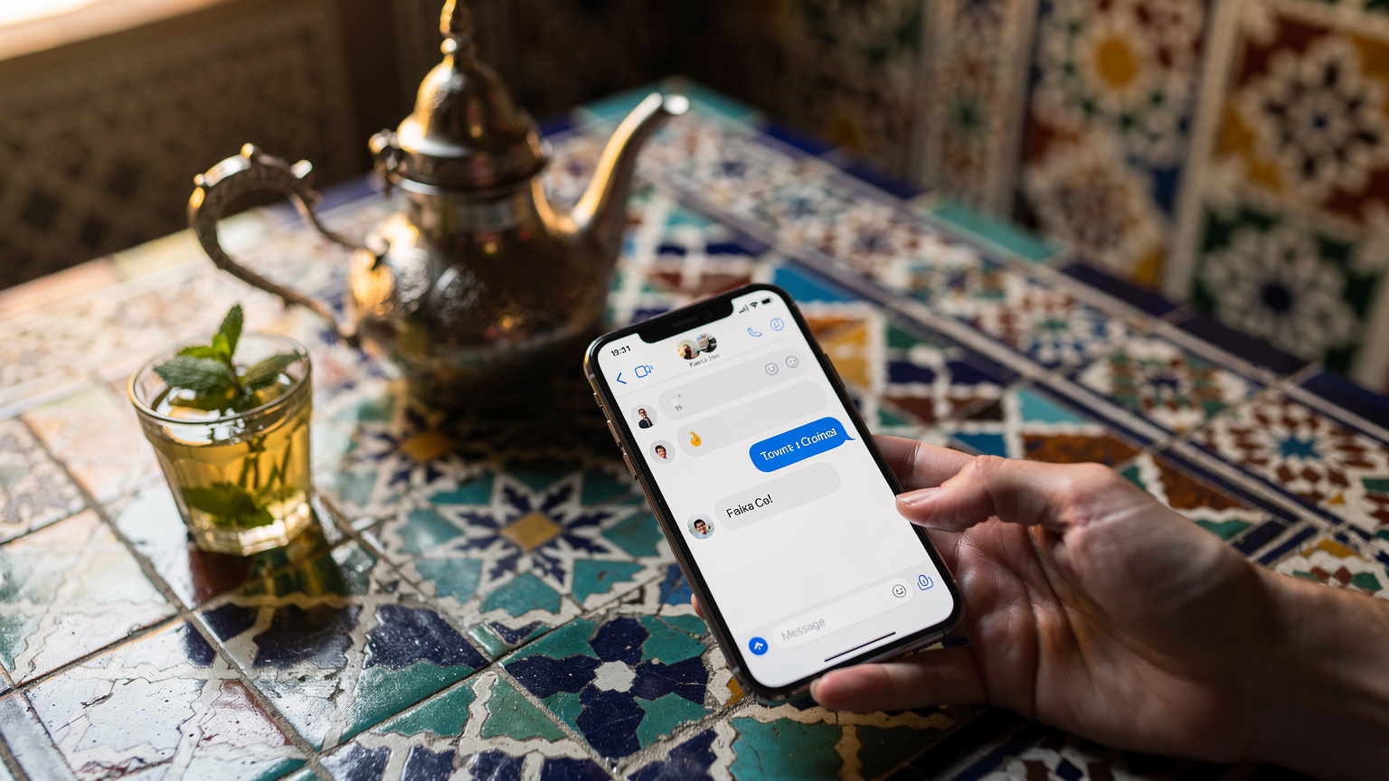 Um close-up de uma tela de smartphone mostrando um aplicativo de mensagens instantâneas (WhatsApp) com uma conversa aberta, em um café tradicional marroquino com azulejos coloridos e um bule de chá de metal ao fundo.