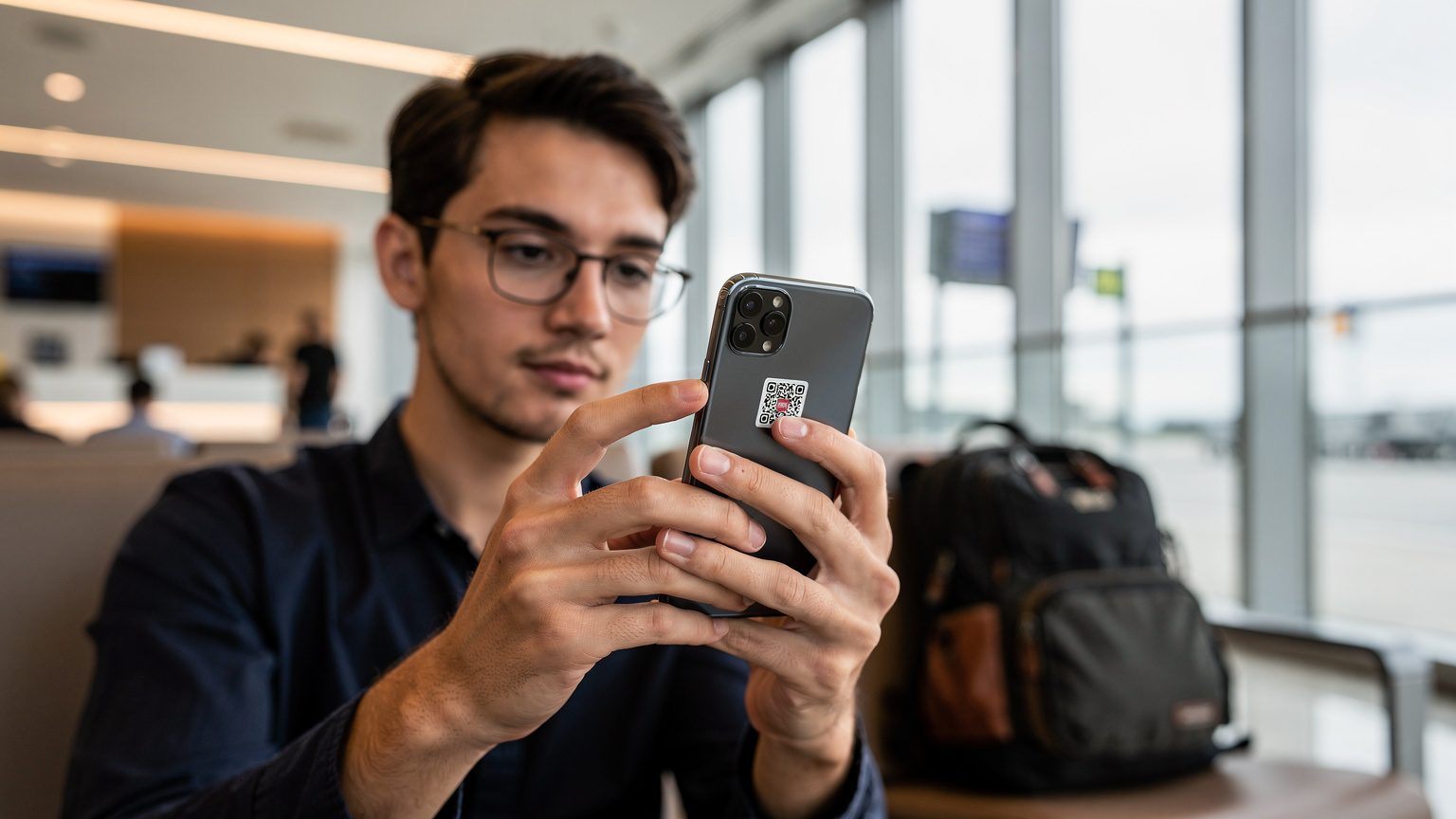 Uma pessoa com cabelo castanho escuro e óculos, com uma mochila de viagem ao fundo, escaneando um código QR em seu smartphone para ativar um eSIM, em um saguão de aeroporto bem iluminado e moderno.