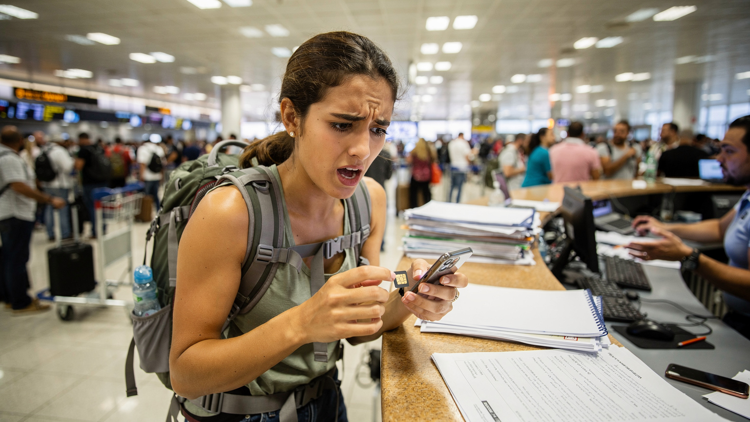 Uma viajante frustrada tentando ativar um SIM card físico em um balcão de aeroporto lotado no Marrocos, com várias pessoas esperando e a atendente parecendo sobrecarregada.